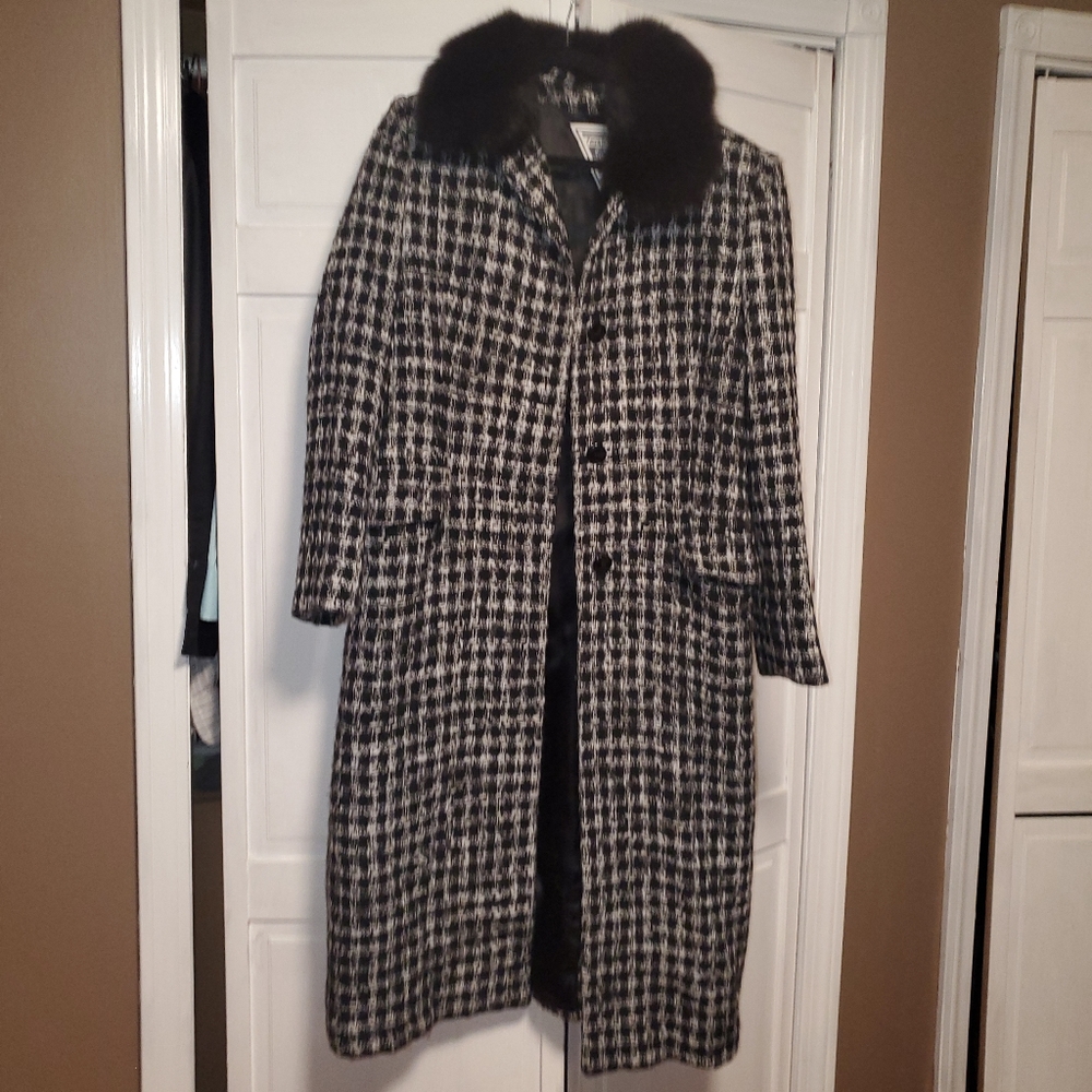 Black and white tweed long coat